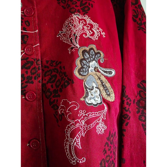 Denim & Co 2X Red Y2K Embroidered Jean Jacket Animal Print Button Boxy Western - Picture 14 of 14